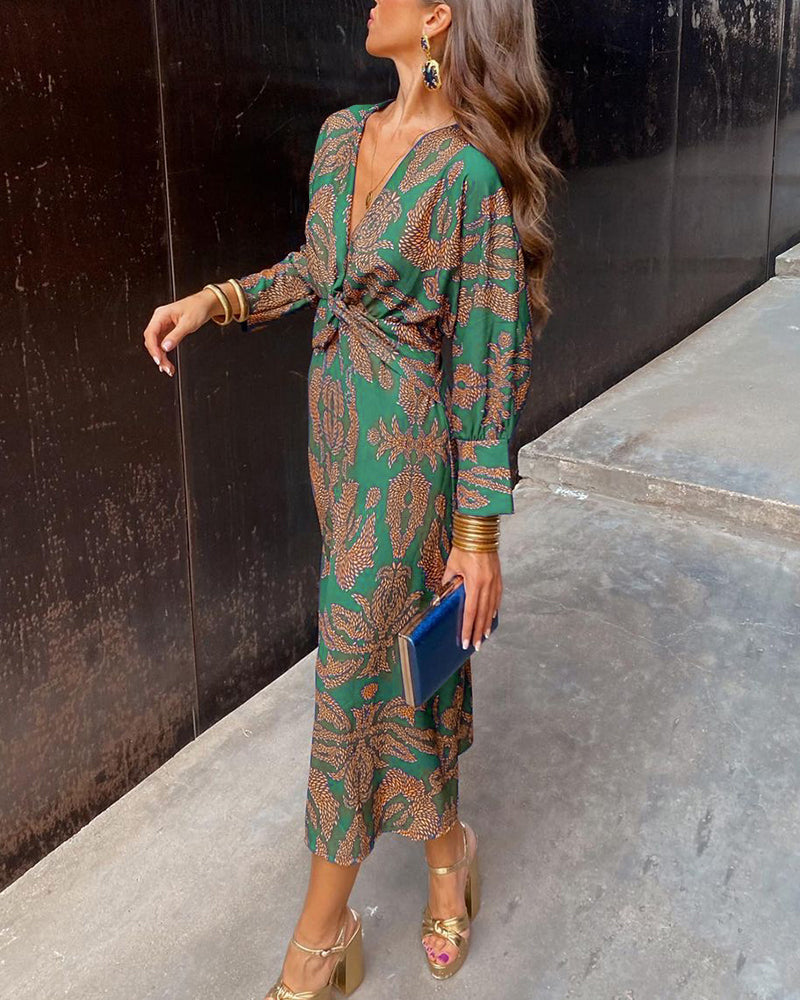 Amelia | Women's V-Neck Long Sleeve Midi Dress