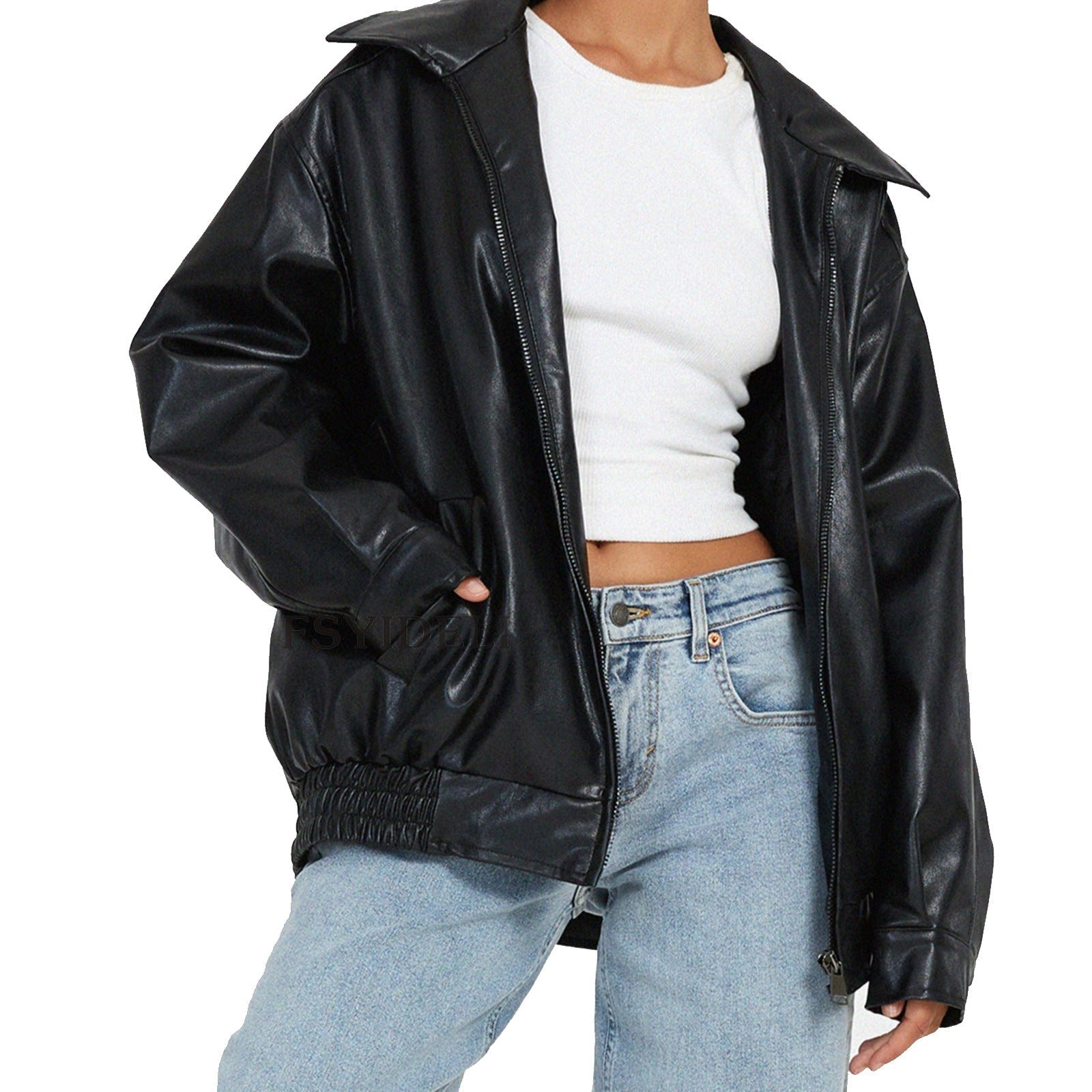 Riley | Women's Oversized Leather Zip Bomber Jacket