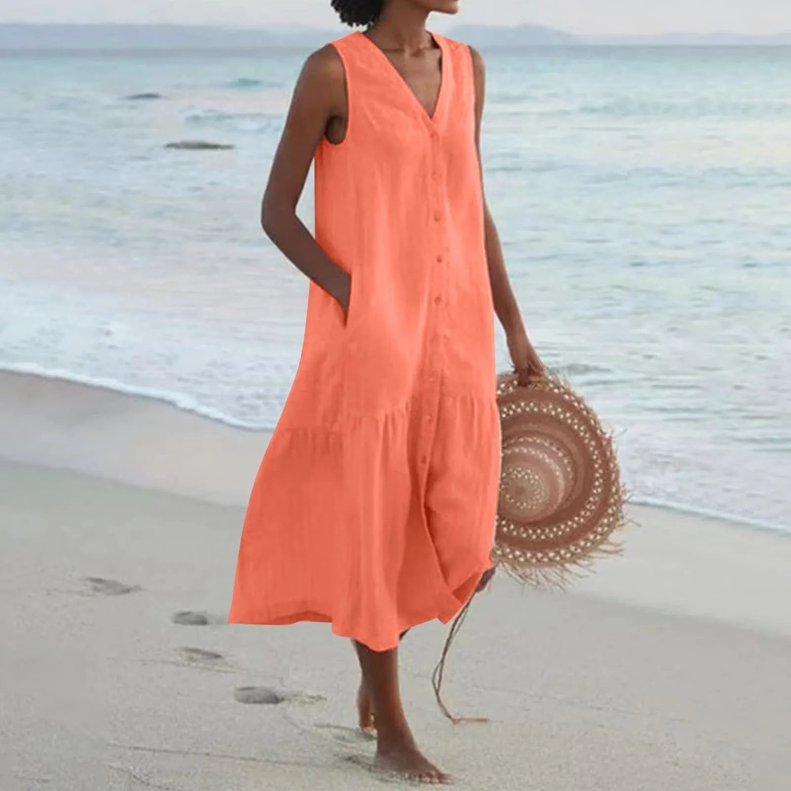 Mila | Women's Sleeveless V-Neck Beach Midi Dress