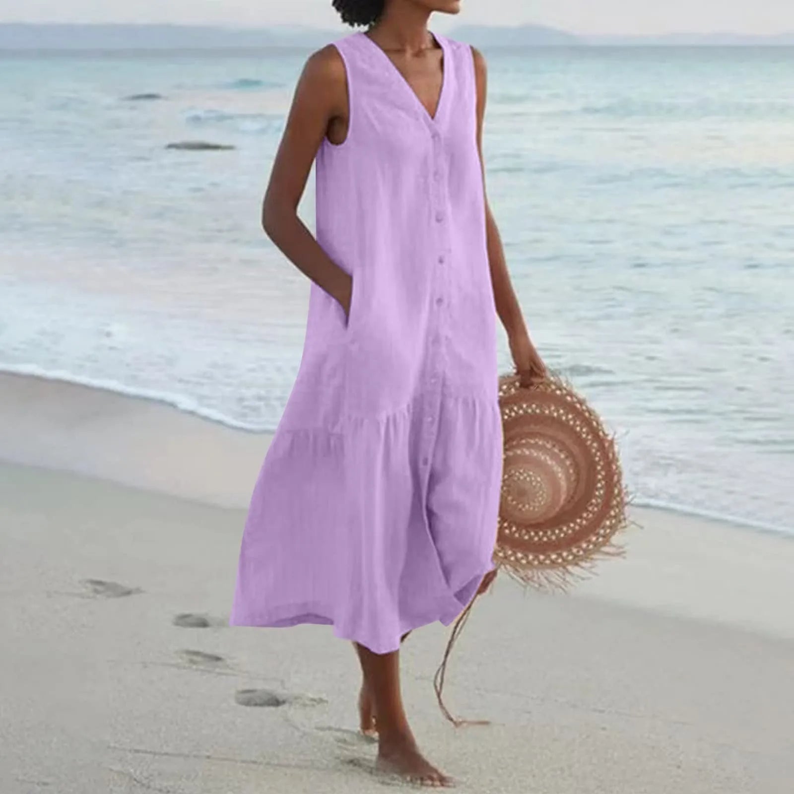Hannah | Women's V-Neck Button-Front Summer Dress