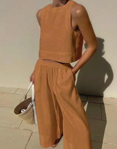 Sienna | Women's Linen Crop Top Wide Pant Set