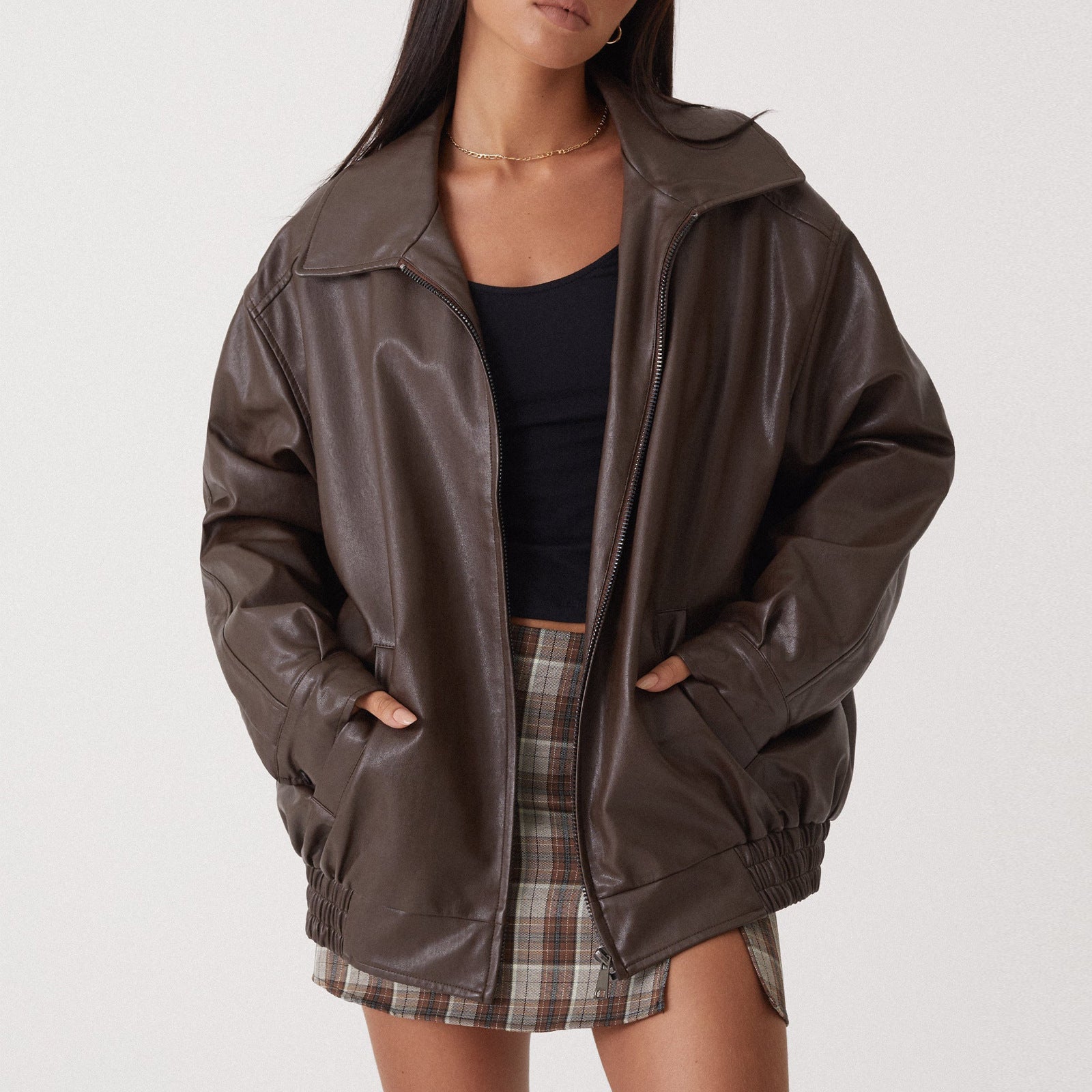 Riley | Women's Oversized Leather Zip Bomber Jacket