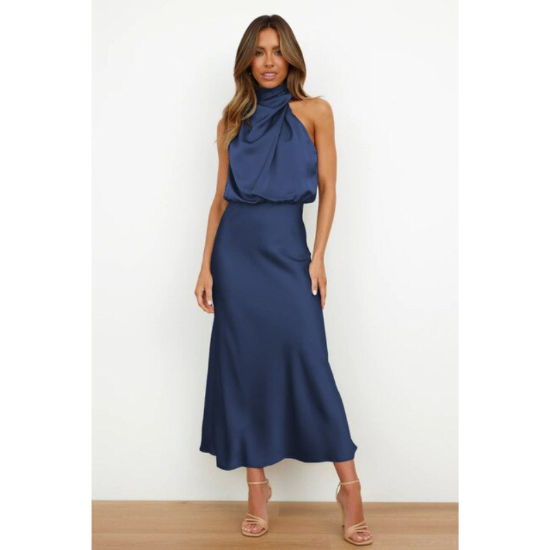 Amelia | Women's Halter Neck Satin Midi Dress