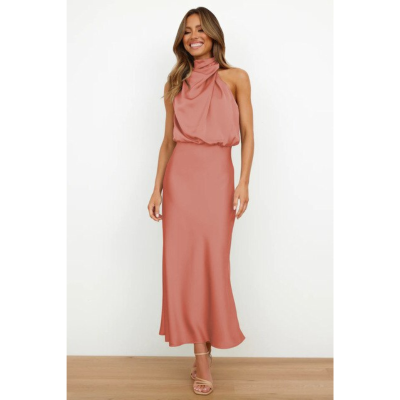 Amelia | Women's Halter Neck Satin Midi Dress