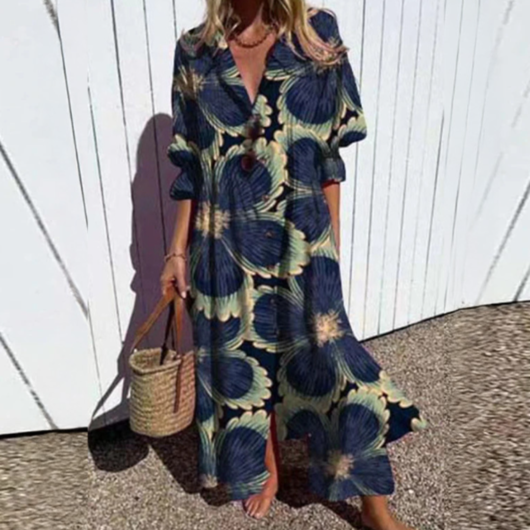 Lina | Women's Leafy Print Button Down Maxi Dress