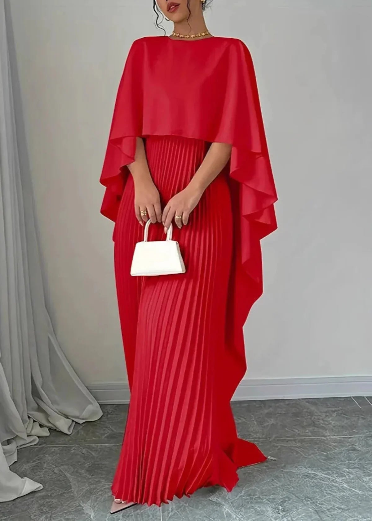 Sophie | Women's Cape Sleeve Pleated Maxi Dress