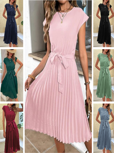 Sophie | Women's Pleated Midi Dress With Tie Belt