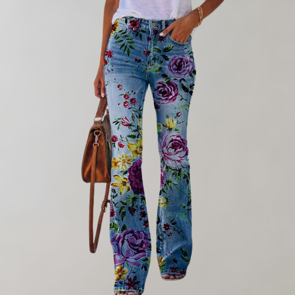 Hazel | Women's Floral Flared Denim Pants