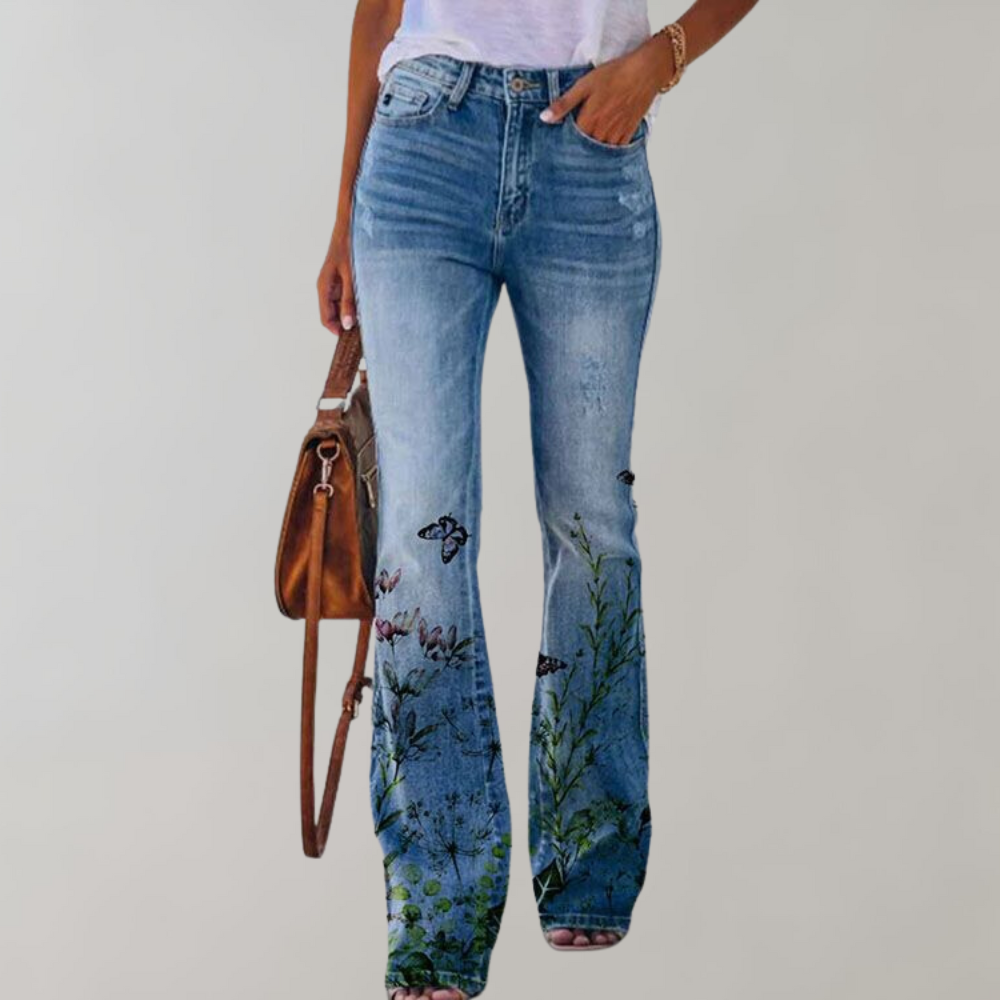 Hazel | Women's Floral Flared Denim Pants