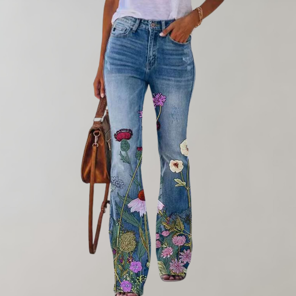 Hazel | Women's Floral Flared Denim Pants