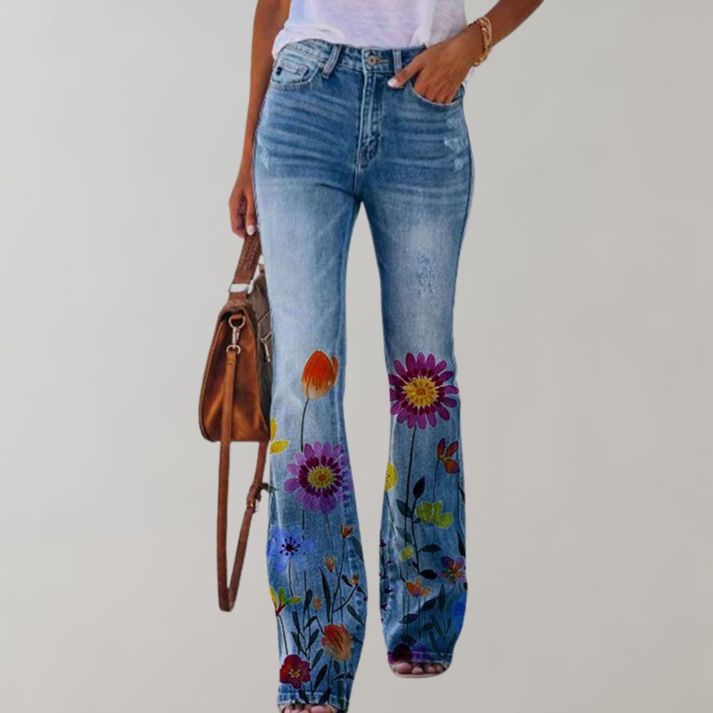 Hazel | Women's Floral Flared Denim Pants
