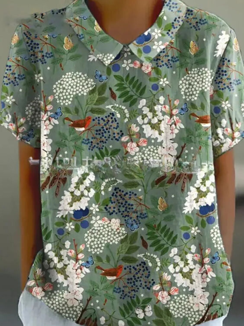 Mila | Women's Floral Print Collared Short Sleeve Blouse