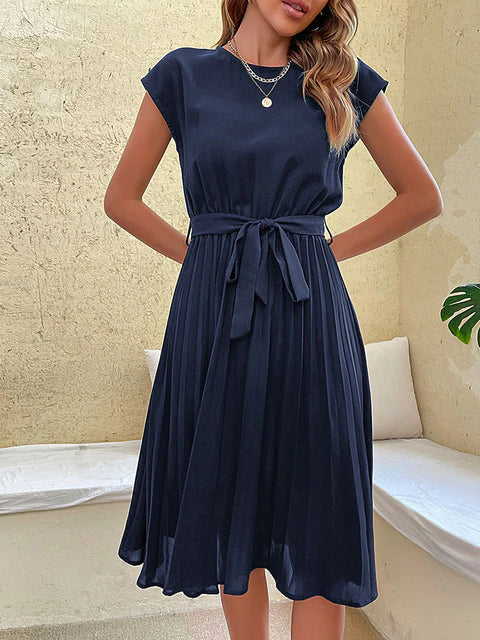 Sophie | Women's Pleated Midi Dress With Tie Belt