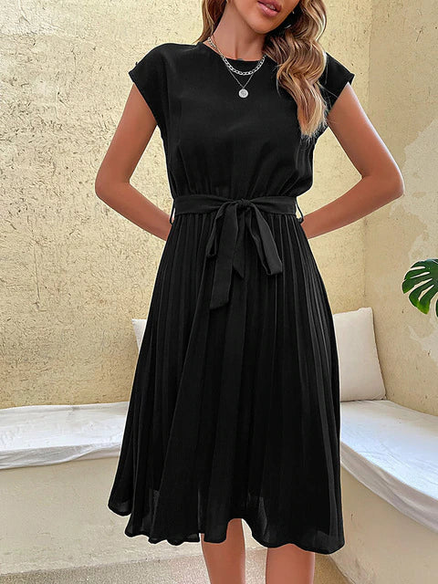Sophie | Women's Pleated Midi Dress With Tie Belt