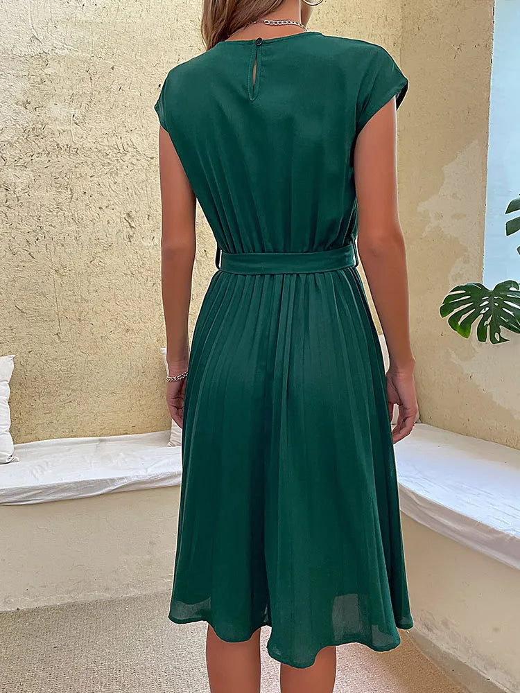 Sophie | Women's Pleated Midi Dress With Tie Belt