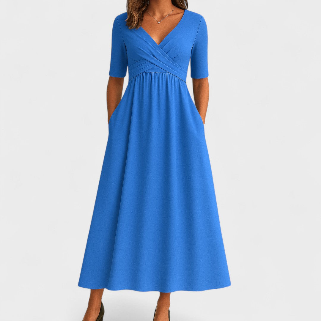 Elena | Women's V-Neck Wrap Waist Midi Dress
