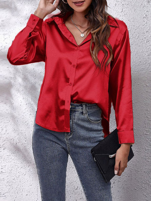 Livia | Women's Satin V-Neck Button-Up Blouse