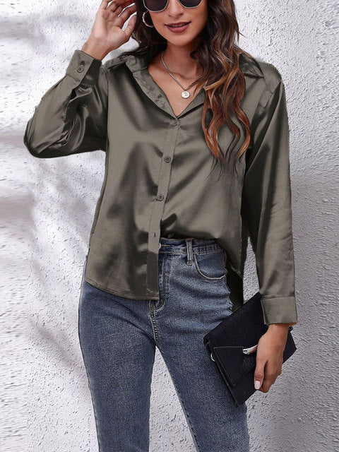 Livia | Women's Satin V-Neck Button-Up Blouse