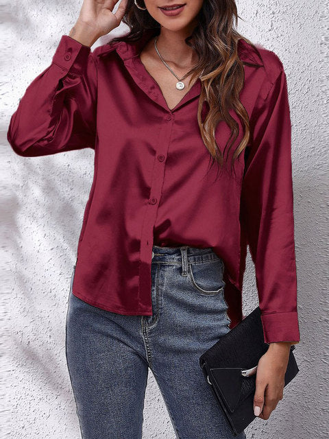 Livia | Women's Satin V-Neck Button-Up Blouse