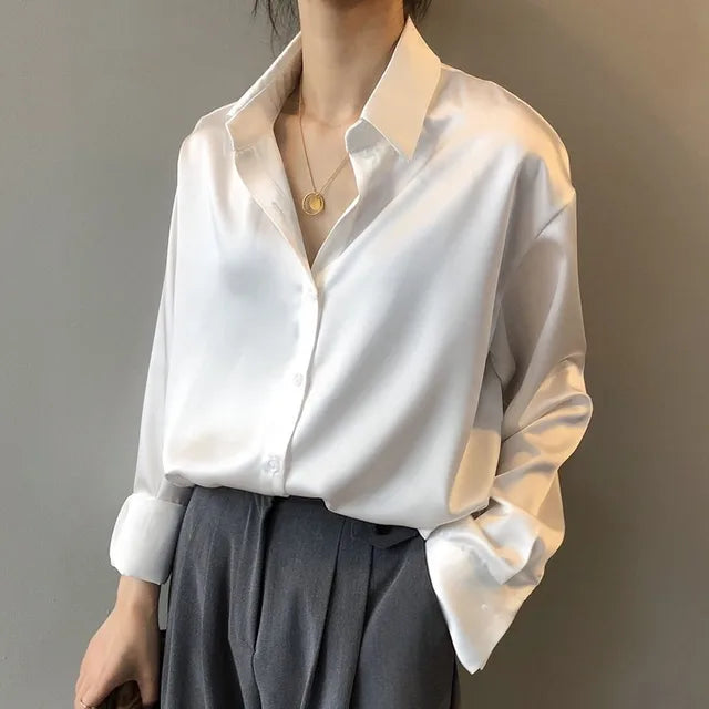 Clara | Women's Long-Sleeve Satin Button Blouse