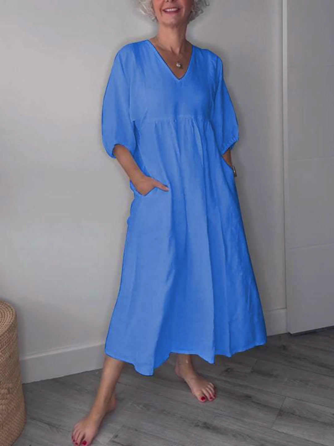 Lydia | Women's Casual V Neck Pocket Midi Dress