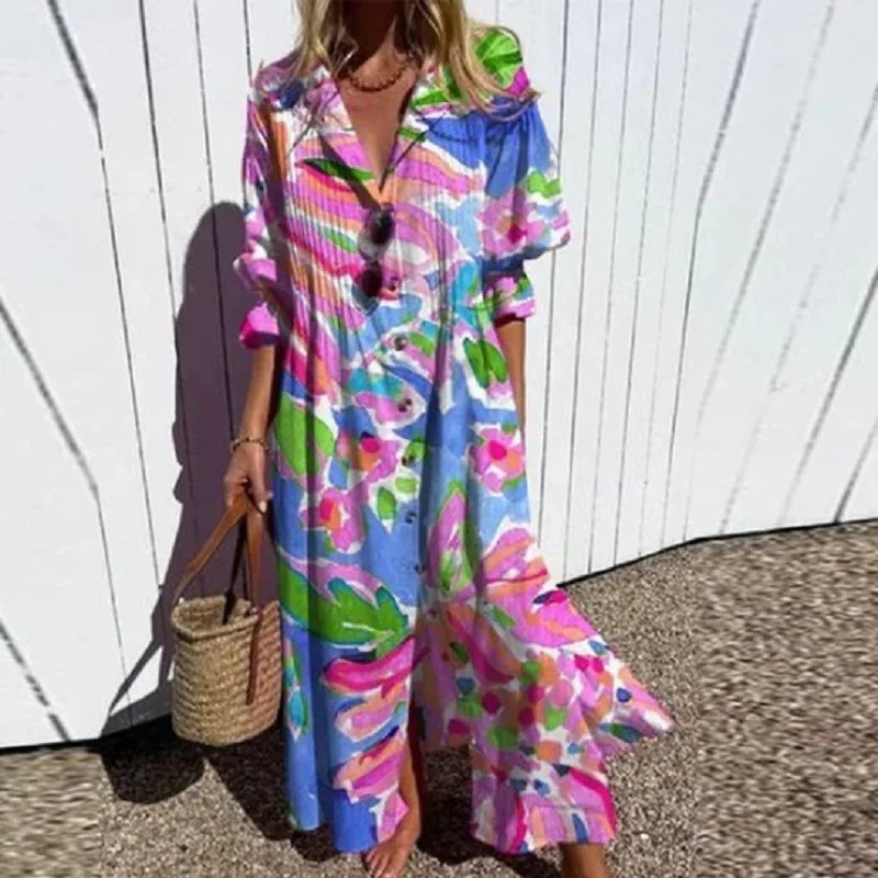 Lina | Women's Leafy Print Button Down Maxi Dress