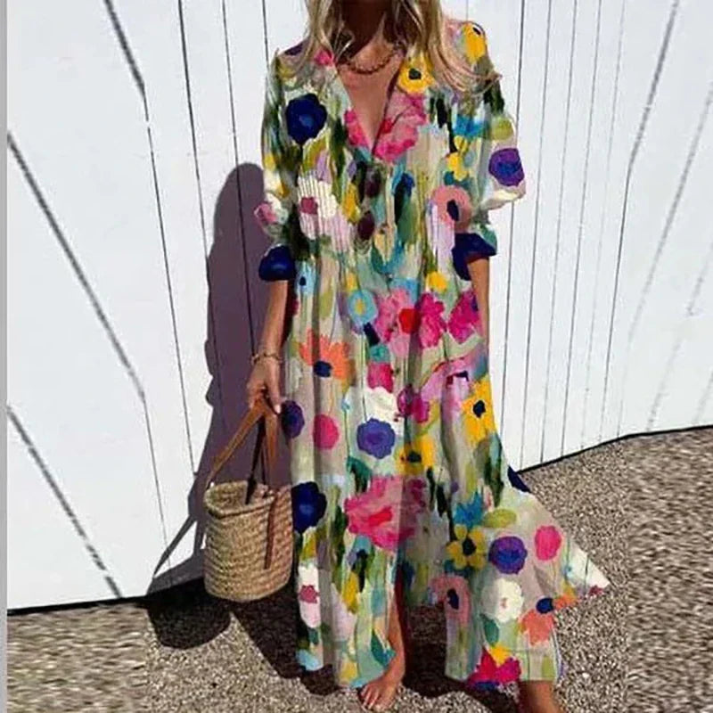 Lina | Women's Leafy Print Button Down Maxi Dress