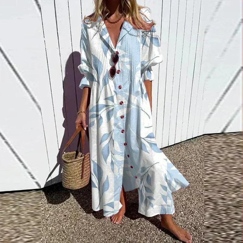 Lina | Women's Leafy Print Button Down Maxi Dress