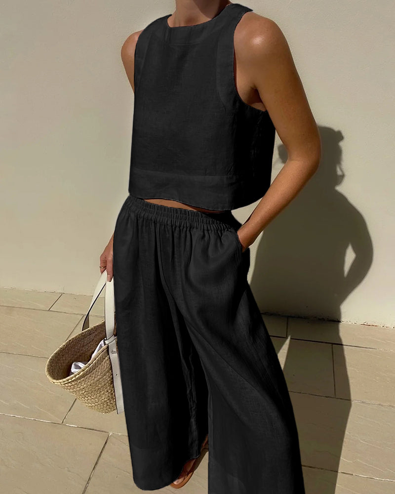 Sienna | Women's Linen Crop Top Wide Pant Set