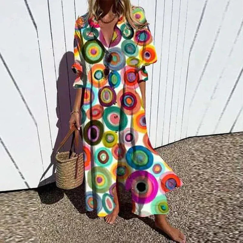 Lina | Women's Leafy Print Button Down Maxi Dress