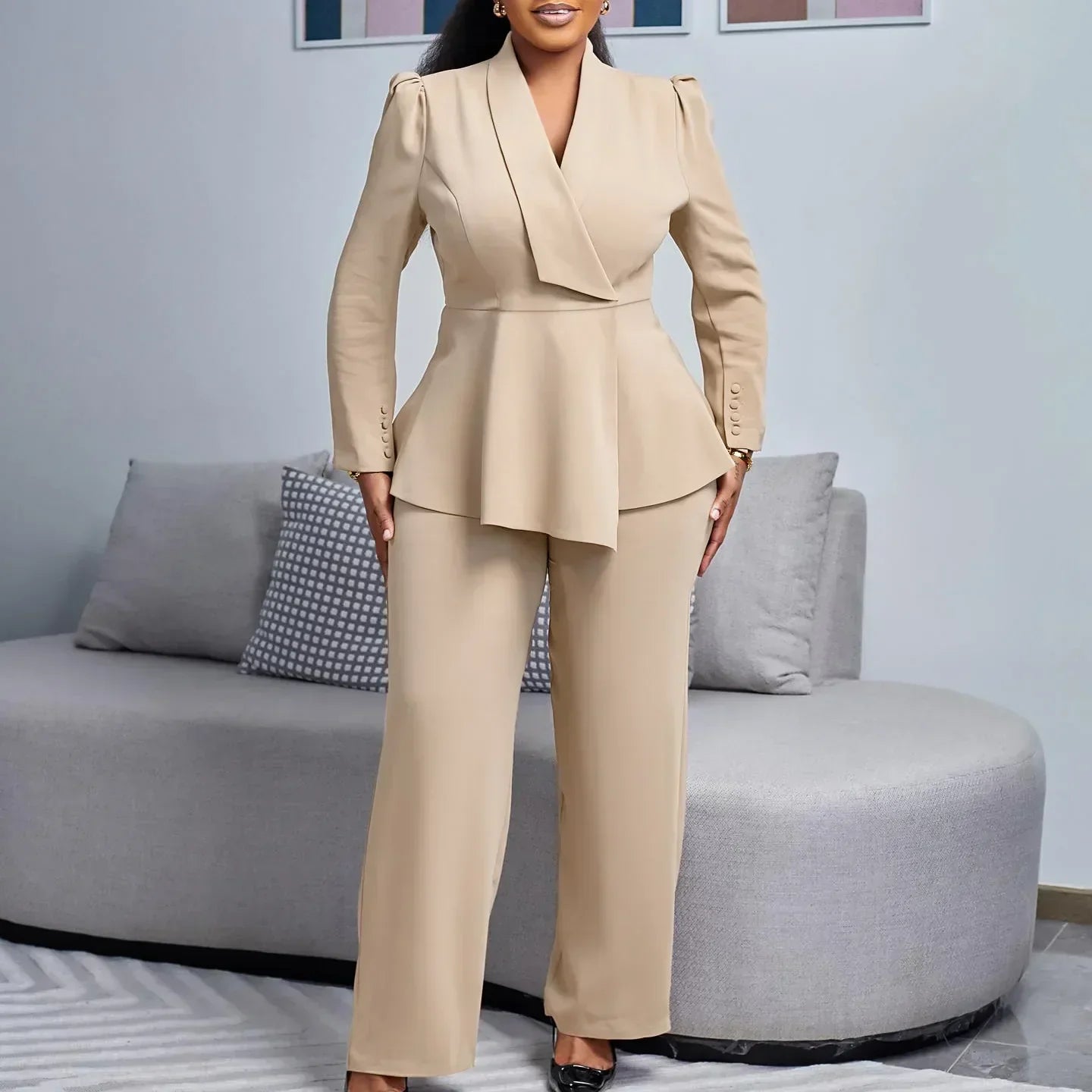 Victoria | Women's V Neck Peplum Top Wide Leg Suit