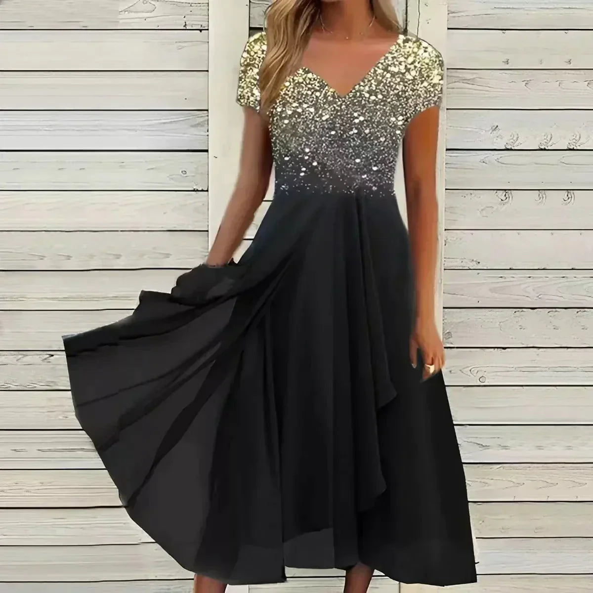 Vivienne | Women's V-Neck Short Sleeve Midi Dress