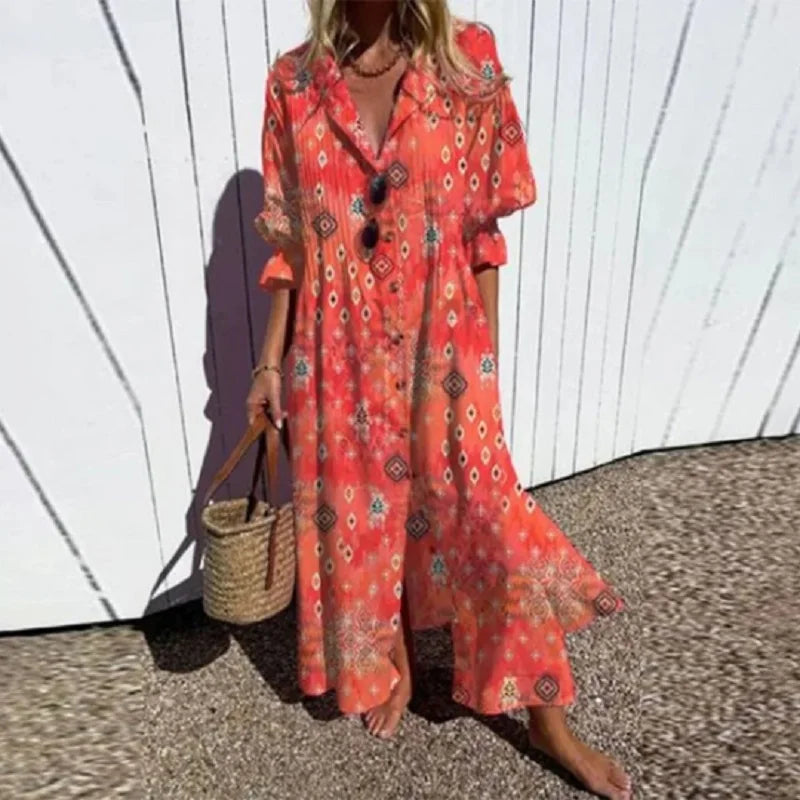 Lina | Women's Leafy Print Button Down Maxi Dress