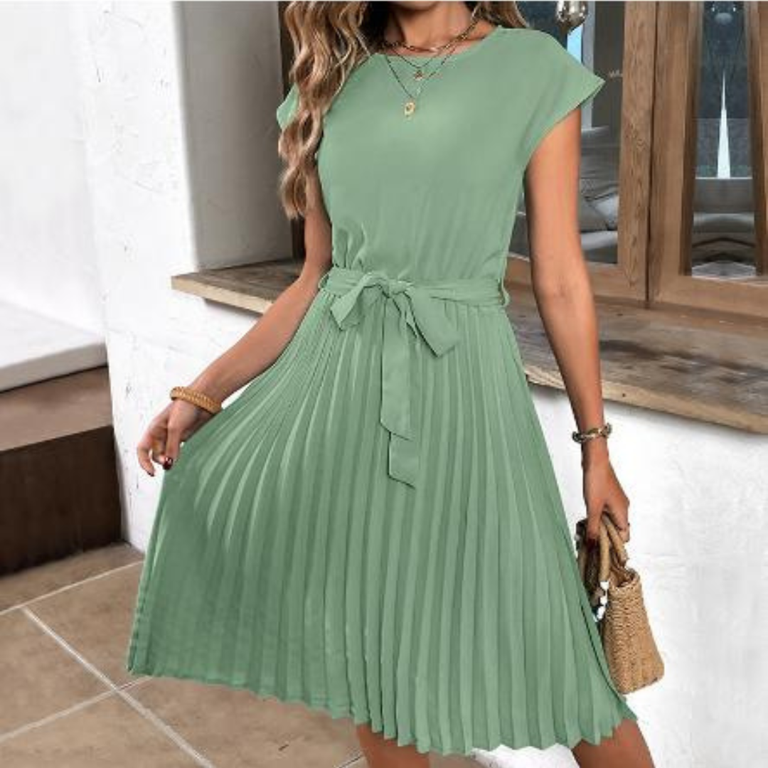 Sophie | Women's Pleated Midi Dress With Tie Belt