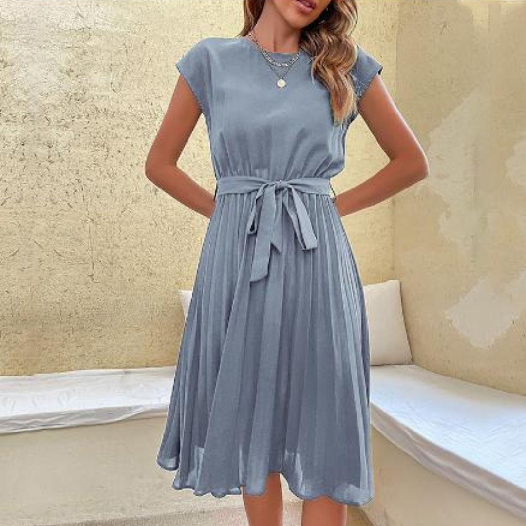 Sophie | Women's Pleated Midi Dress With Tie Belt
