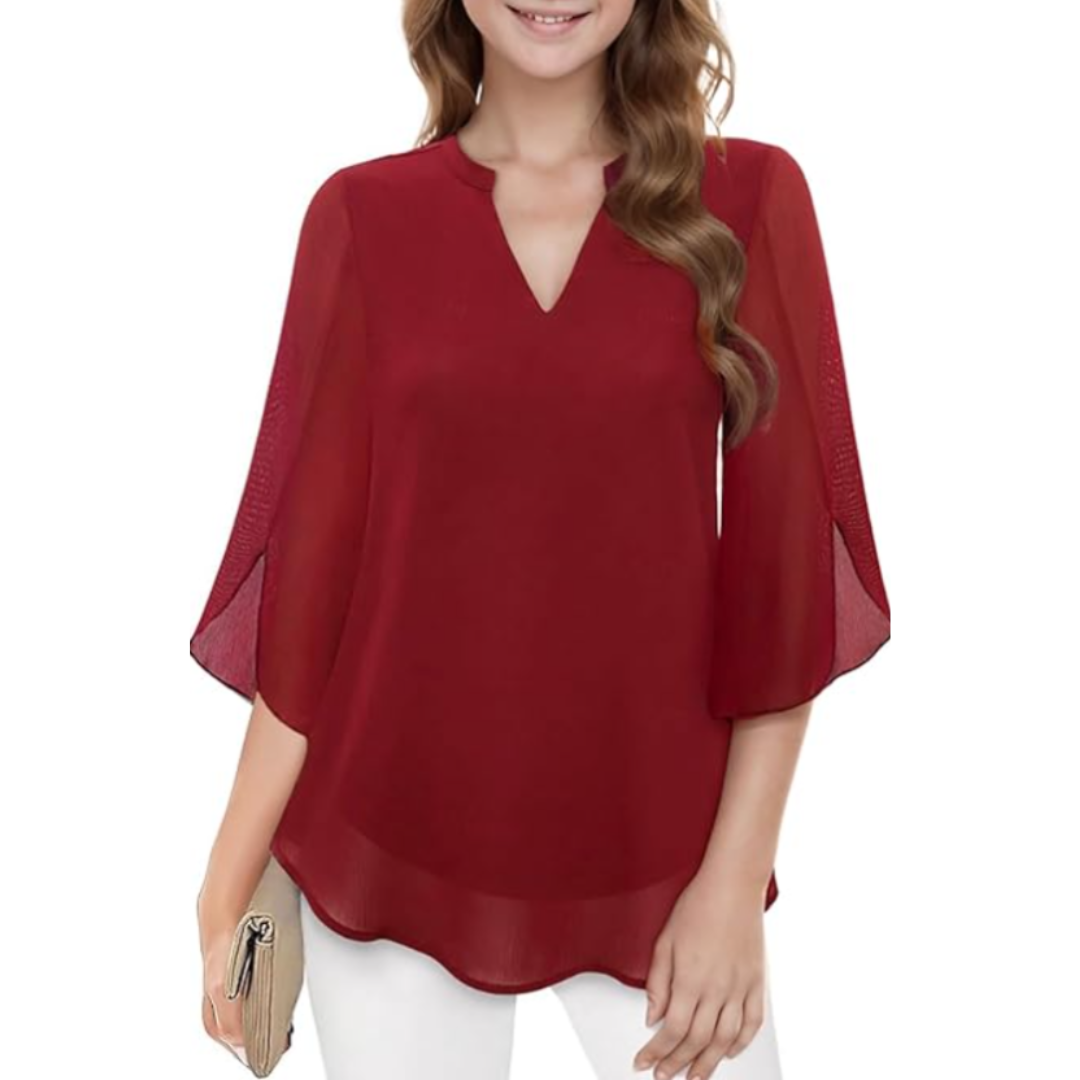 Elena | Women's V-Neck 3/4 Split Sleeve Flowy Blouse