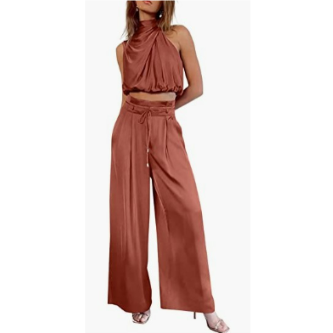Clara | Women's Satin Twist Top And Palazzo Set