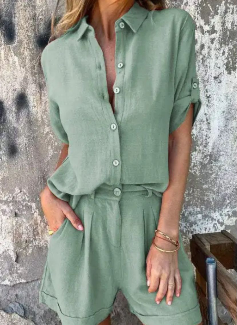Sienna | Women's Button Front Shirt & Shorts Casual Set