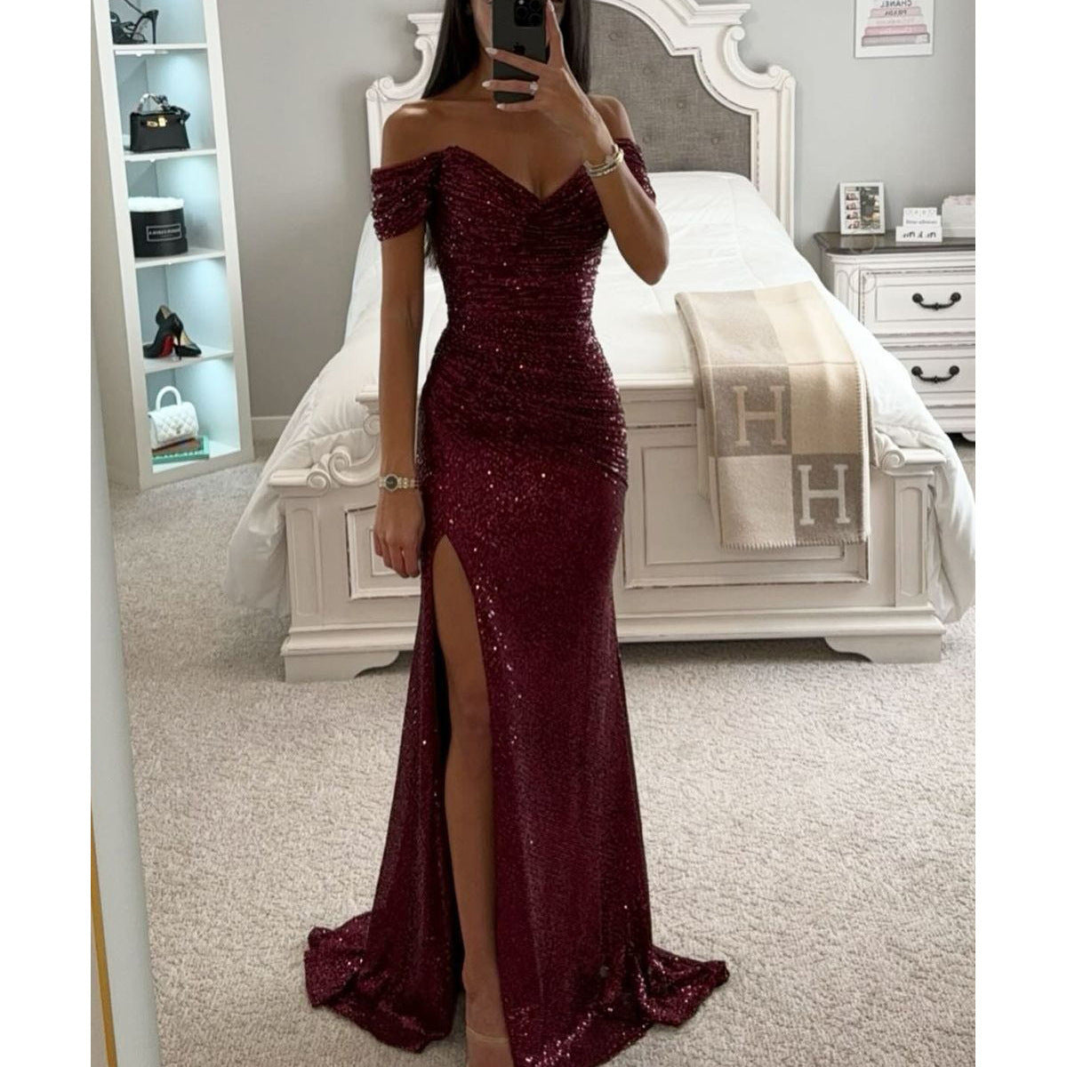 Gabriella | Women's Off-Shoulder High Slit Maxi Dress