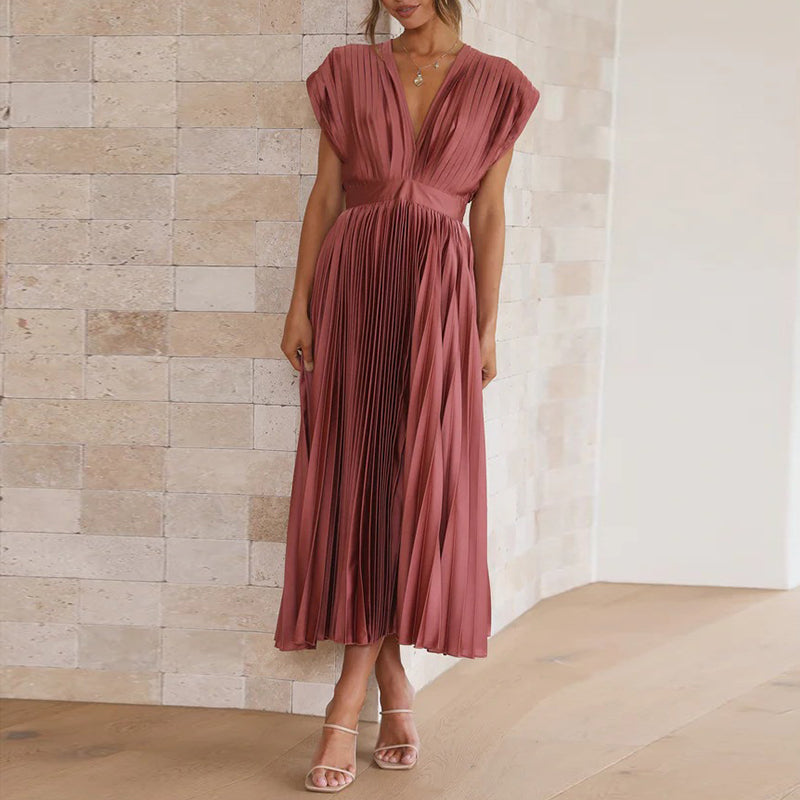 Elena | Women's Pleated V-Neck Midi Dress