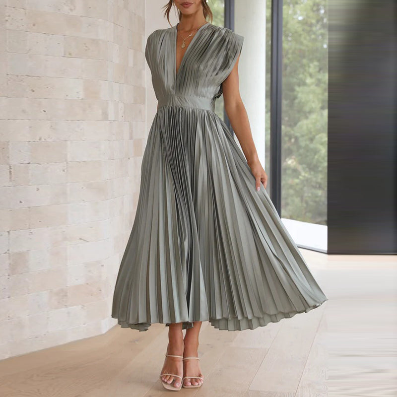 Elena | Women's Pleated V-Neck Midi Dress