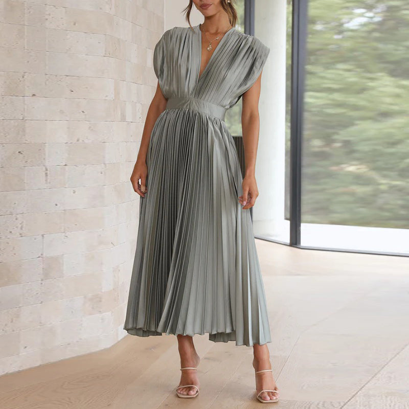 Elena | Women's Pleated V-Neck Midi Dress
