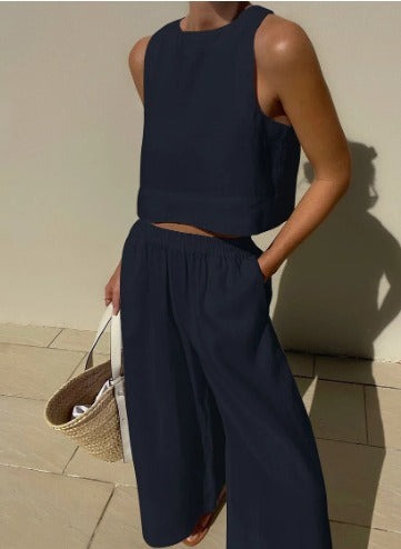 Sienna | Women's Linen Crop Top Wide Pant Set