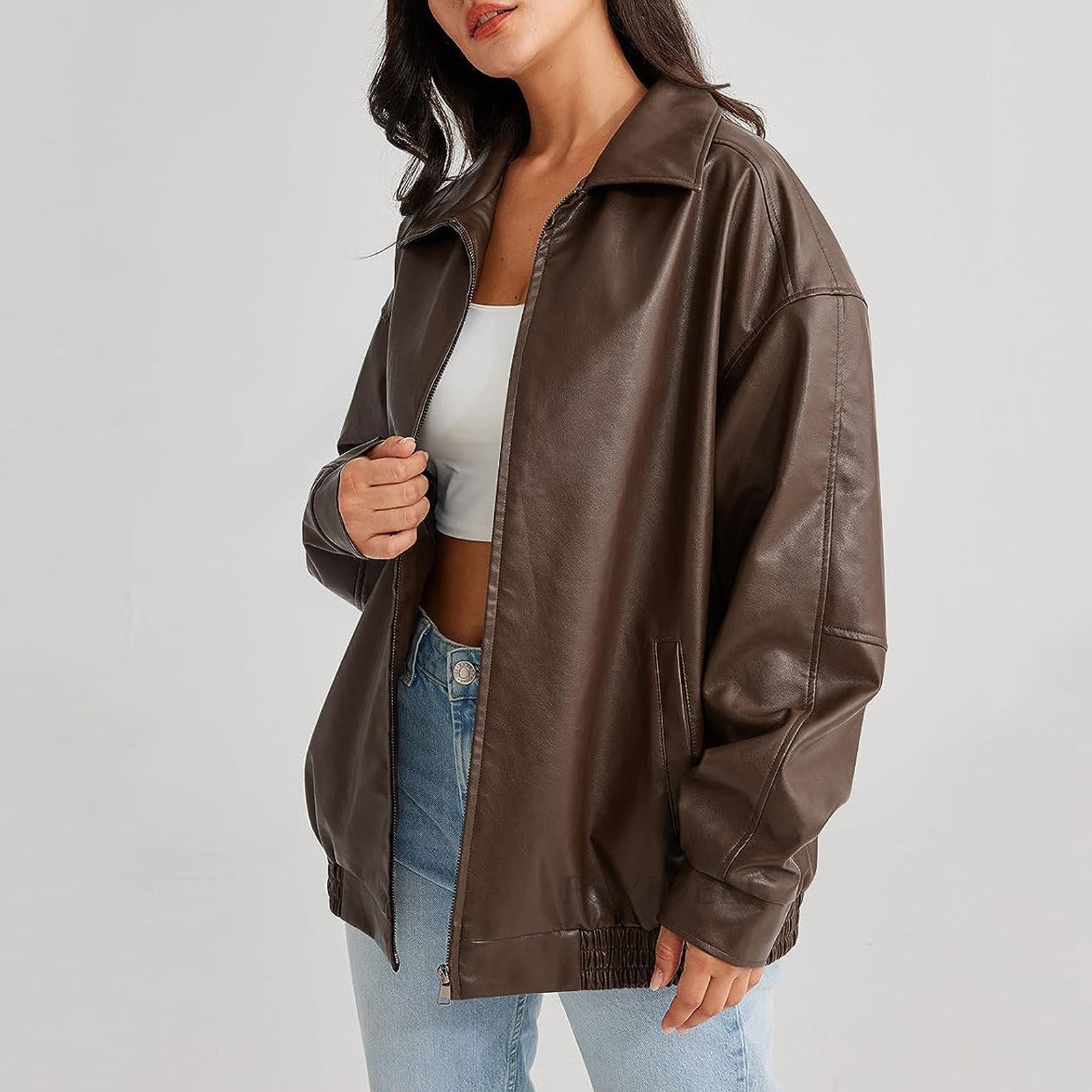 Riley | Women's Oversized Leather Zip Bomber Jacket