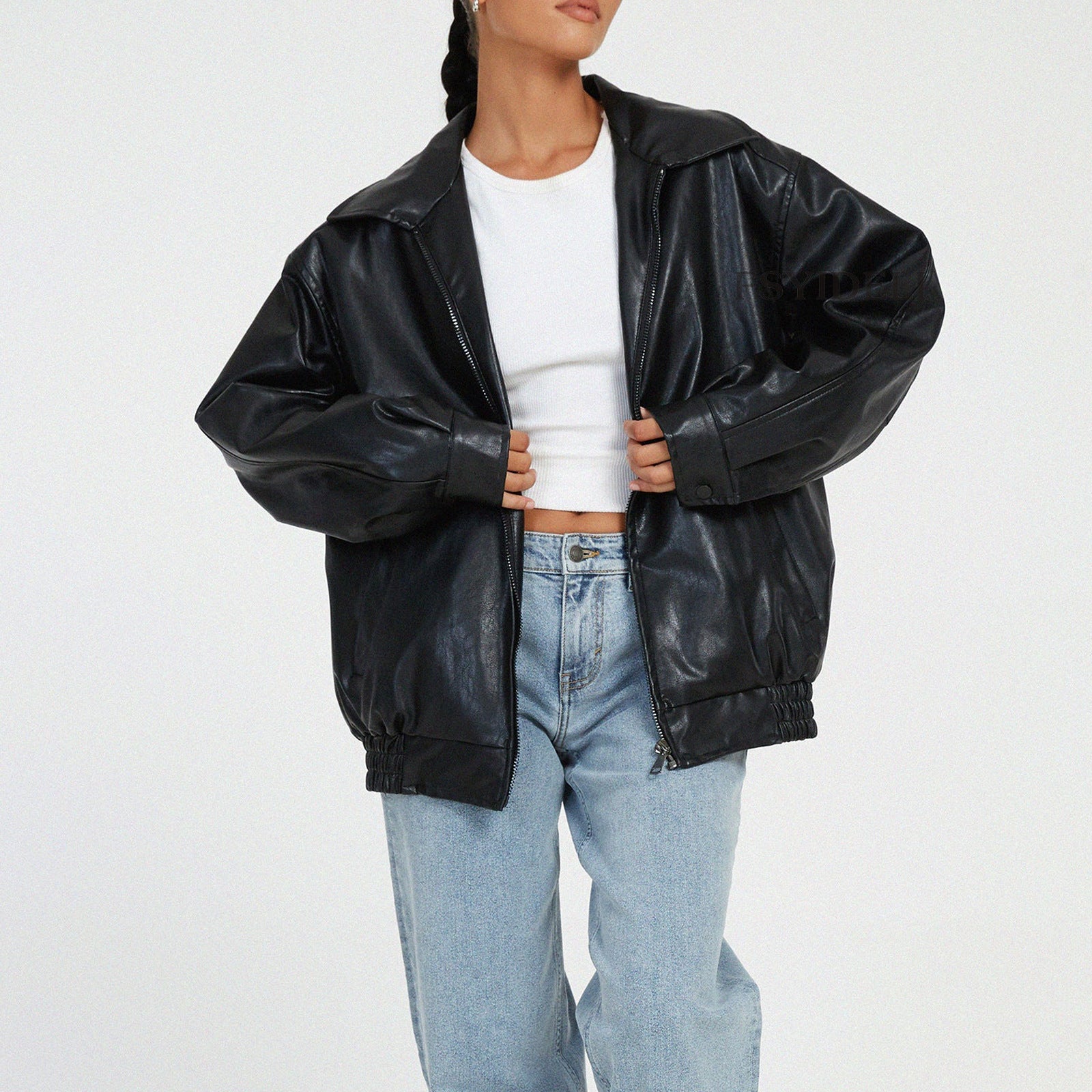 Riley | Women's Oversized Leather Zip Bomber Jacket