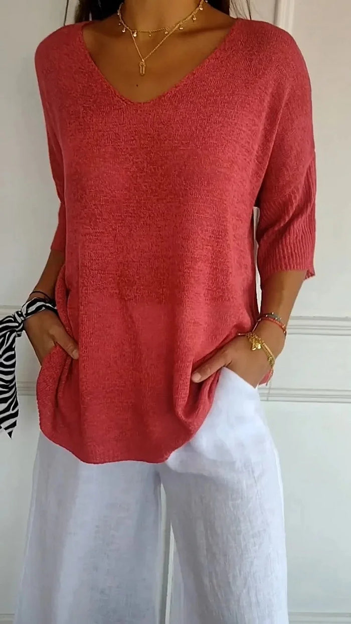 Chloe | Women's Knitted V-Neck 3/4 Sleeve Top