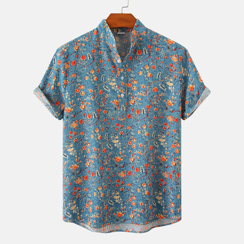 Ethan | Men's Printed Short-Sleeve Mandarin Collar Shirt