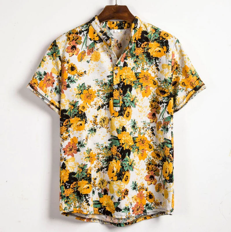 Ethan | Men's Printed Short-Sleeve Mandarin Collar Shirt