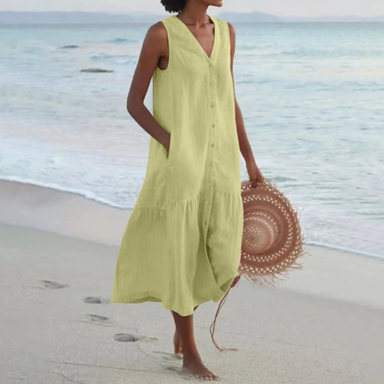 Mila | Women's Sleeveless V-Neck Beach Midi Dress