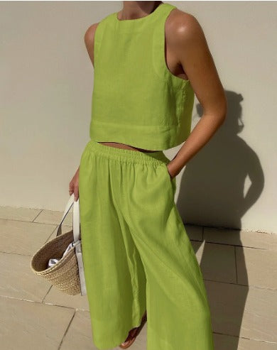 Sienna | Women's Linen Crop Top Wide Pant Set